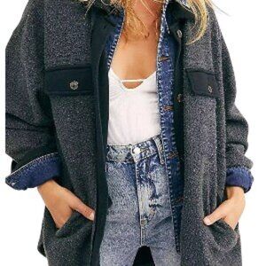 Free People Washed Ruby Shirt Jacket Shacket Large Black NWT